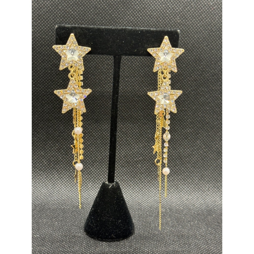 Gold Star Rhinestone Pearl Dangle Drop Earrings Celestial Statement Fringe